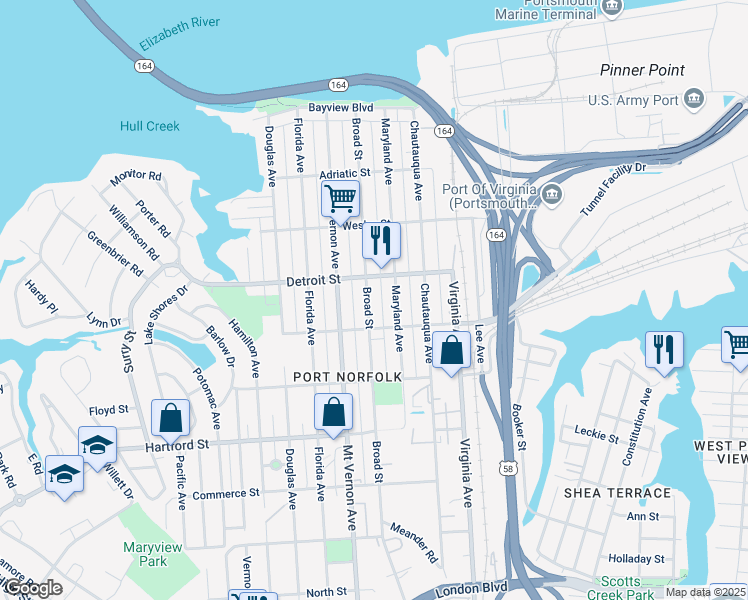 map of restaurants, bars, coffee shops, grocery stores, and more near 425 Broad Street in Portsmouth