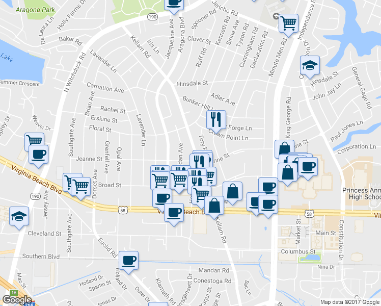 map of restaurants, bars, coffee shops, grocery stores, and more near 405 Kellam Road in Virginia Beach
