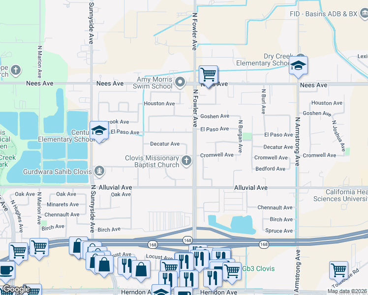 map of restaurants, bars, coffee shops, grocery stores, and more near 1764 Decatur Avenue in Clovis