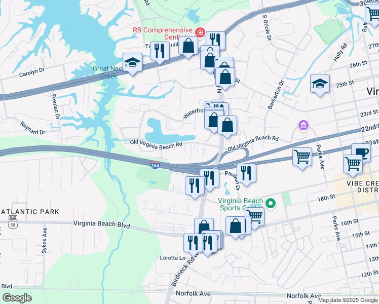 map of restaurants, bars, coffee shops, grocery stores, and more near 411 Sea Pointe Court in Virginia Beach