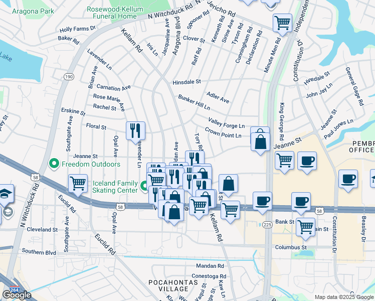 map of restaurants, bars, coffee shops, grocery stores, and more near 405 Kellam Road in Virginia Beach