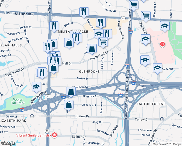 map of restaurants, bars, coffee shops, grocery stores, and more near 421 Brockwell Avenue in Norfolk