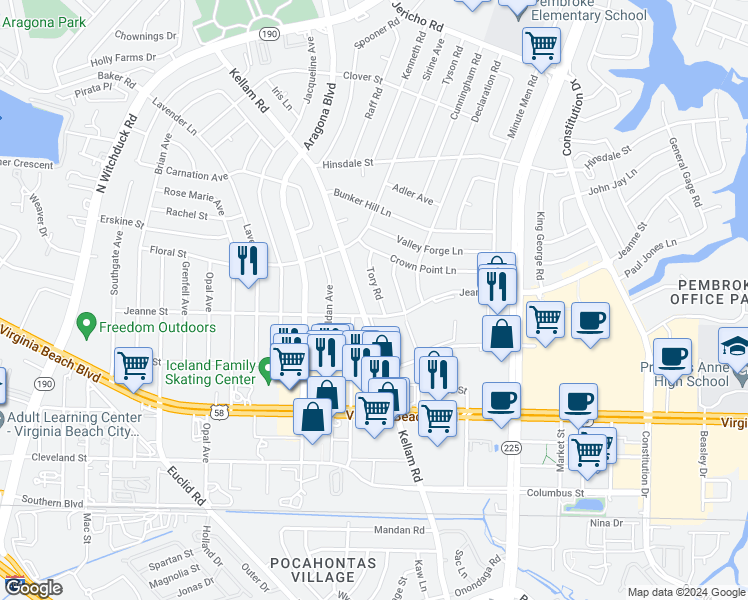 map of restaurants, bars, coffee shops, grocery stores, and more near 409 Tory Road in Virginia Beach