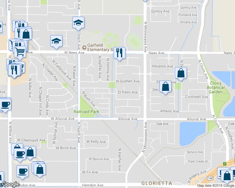 map of restaurants, bars, coffee shops, grocery stores, and more near 166 El Paso Avenue in Clovis