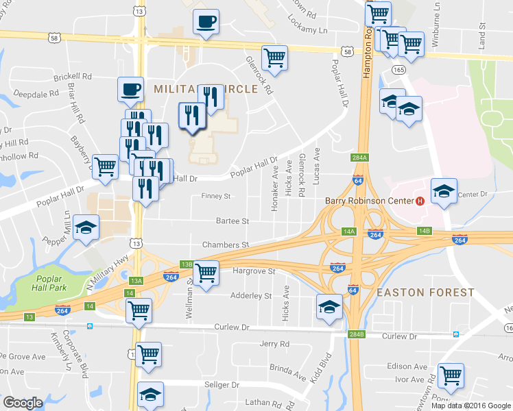map of restaurants, bars, coffee shops, grocery stores, and more near 421 Brockwell Avenue in Norfolk