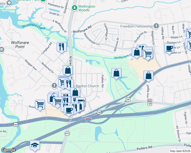 map of restaurants, bars, coffee shops, grocery stores, and more near 437 East Farmington Road in Virginia Beach