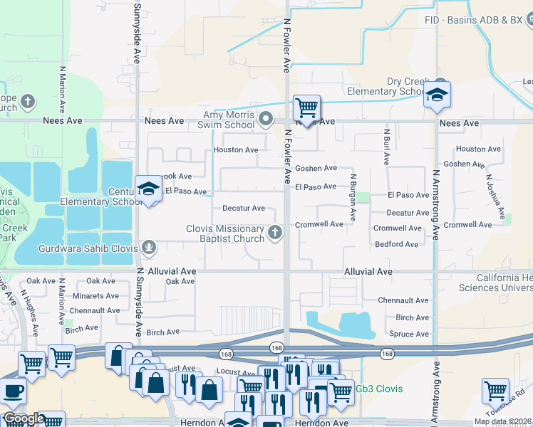 map of restaurants, bars, coffee shops, grocery stores, and more near 1764 Decatur Avenue in Clovis