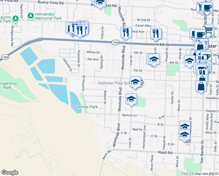 map of restaurants, bars, coffee shops, grocery stores, and more near 850 Amore Street in Hollister