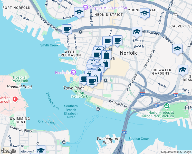 map of restaurants, bars, coffee shops, grocery stores, and more near 150 Granby Street in Norfolk