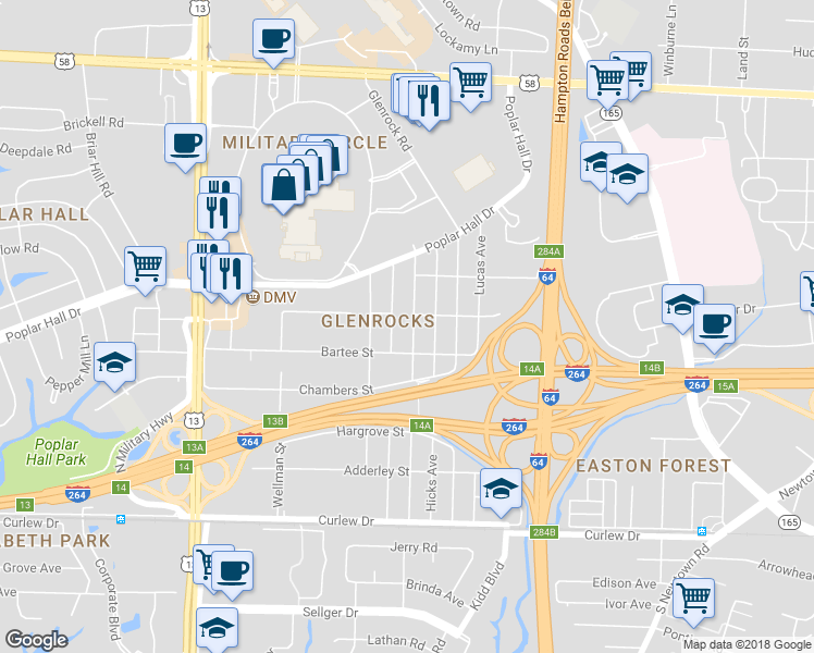 map of restaurants, bars, coffee shops, grocery stores, and more near 423 Honaker Avenue in Norfolk