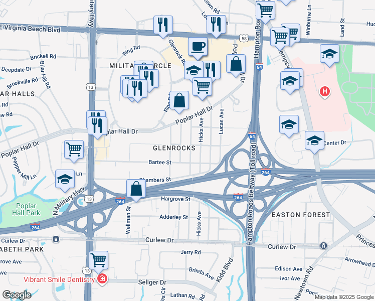 map of restaurants, bars, coffee shops, grocery stores, and more near 423 Honaker Avenue in Norfolk