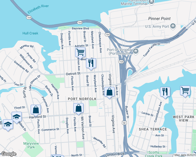 map of restaurants, bars, coffee shops, grocery stores, and more near 423 Maryland Avenue in Portsmouth