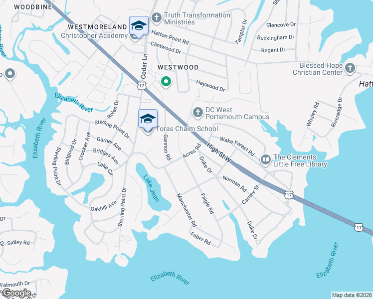 map of restaurants, bars, coffee shops, grocery stores, and more near 3000 Acres Road in Portsmouth