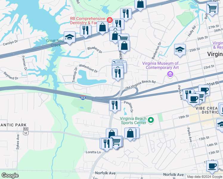 map of restaurants, bars, coffee shops, grocery stores, and more near 417 Virginia Avenue in Virginia Beach