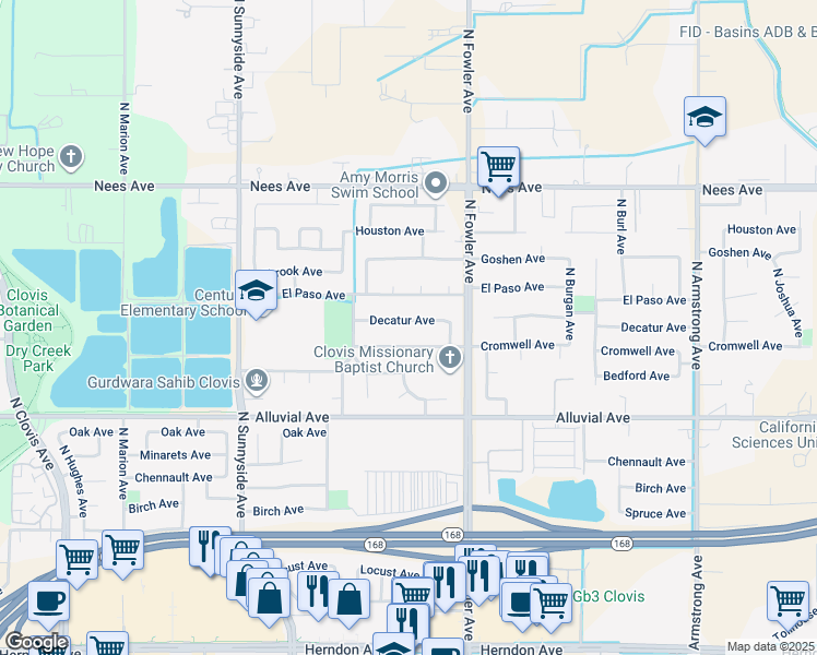 map of restaurants, bars, coffee shops, grocery stores, and more near 1684 Decatur Avenue in Clovis