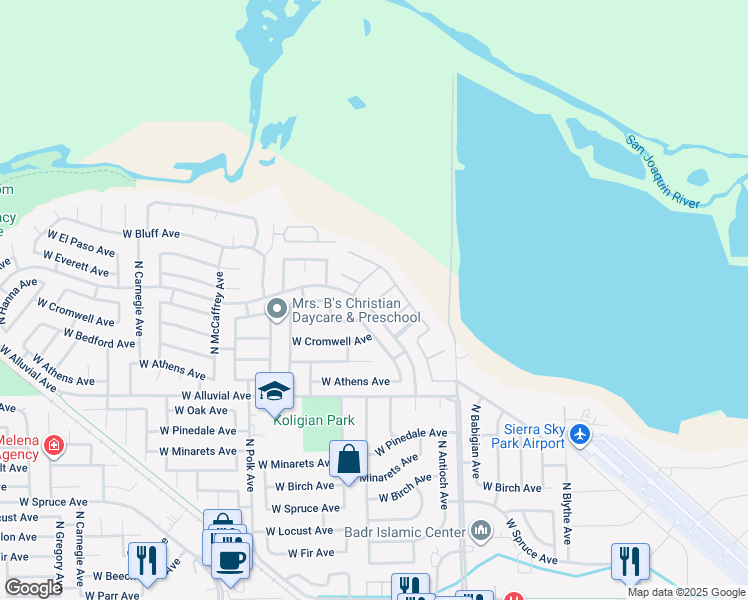map of restaurants, bars, coffee shops, grocery stores, and more near 7007 North Gilroy Avenue in Fresno