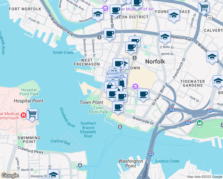 map of restaurants, bars, coffee shops, grocery stores, and more near 145 Granby Street in Norfolk