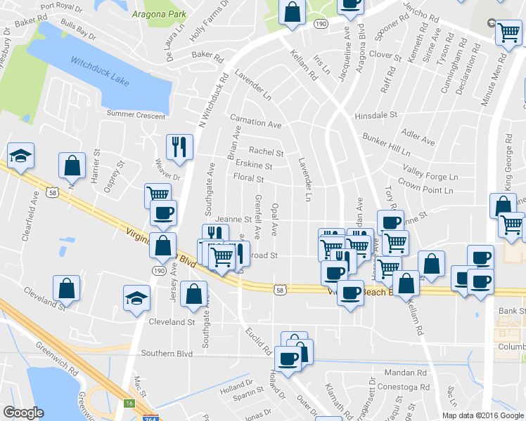 map of restaurants, bars, coffee shops, grocery stores, and more near 404 Grenfell Avenue in Virginia Beach