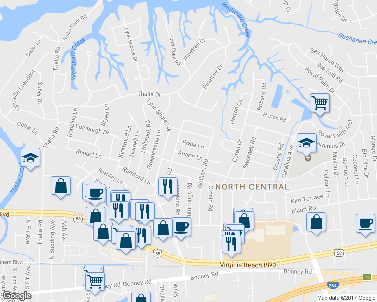 map of restaurants, bars, coffee shops, grocery stores, and more near 3844 Anson Lane in Virginia Beach