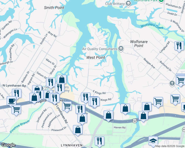 map of restaurants, bars, coffee shops, grocery stores, and more near 2712 Mulberry Grove Court in Virginia Beach
