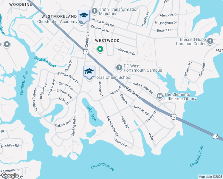 map of restaurants, bars, coffee shops, grocery stores, and more near 3000 Acres Road in Portsmouth