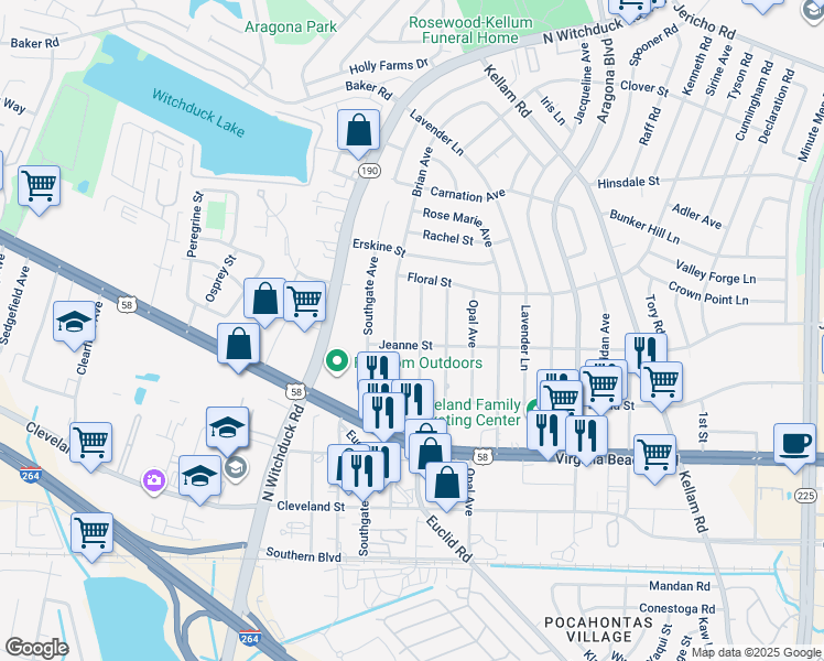 map of restaurants, bars, coffee shops, grocery stores, and more near 405 Dorset Avenue in Virginia Beach