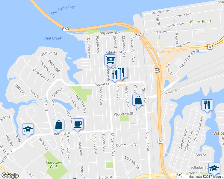 map of restaurants, bars, coffee shops, grocery stores, and more near 423 Mt Vernon Ave in Portsmouth