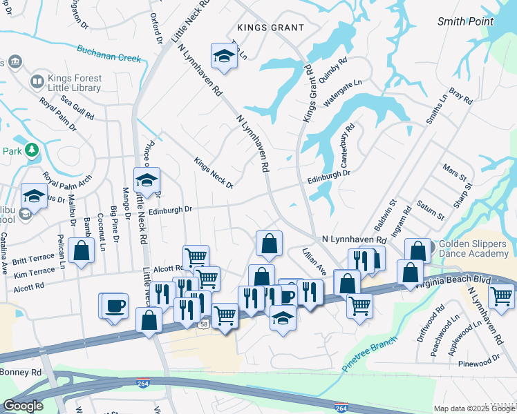 map of restaurants, bars, coffee shops, grocery stores, and more near 485 Leslie Terrace in Virginia Beach