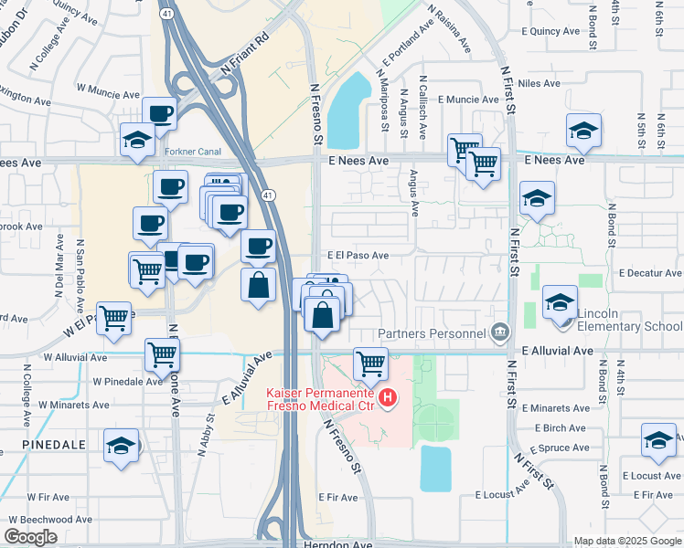 map of restaurants, bars, coffee shops, grocery stores, and more near 7569 North Augusta Street in Fresno