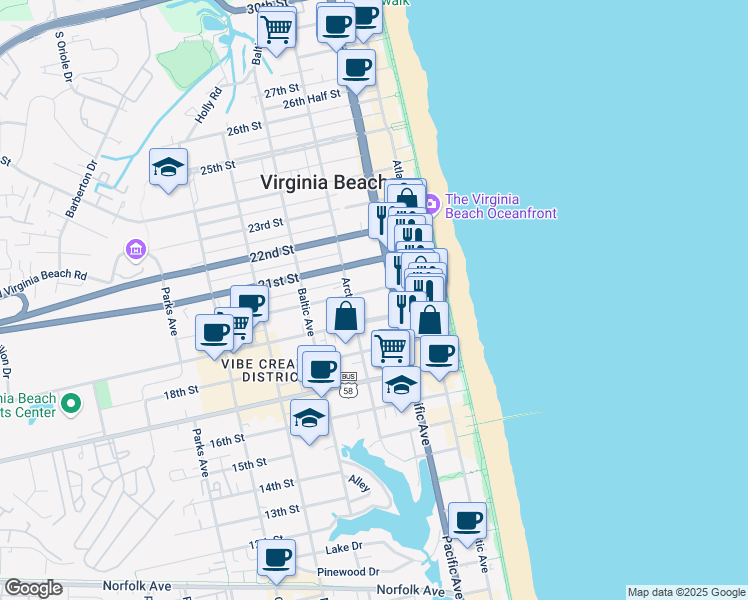 map of restaurants, bars, coffee shops, grocery stores, and more near 1900 Pacific Avenue in Virginia Beach