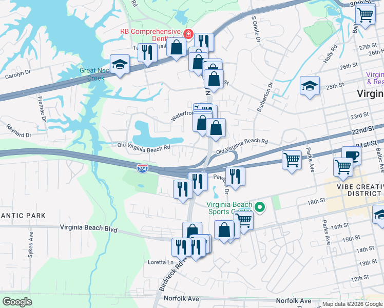 map of restaurants, bars, coffee shops, grocery stores, and more near 1125 Old Virginia Beach Road in Virginia Beach