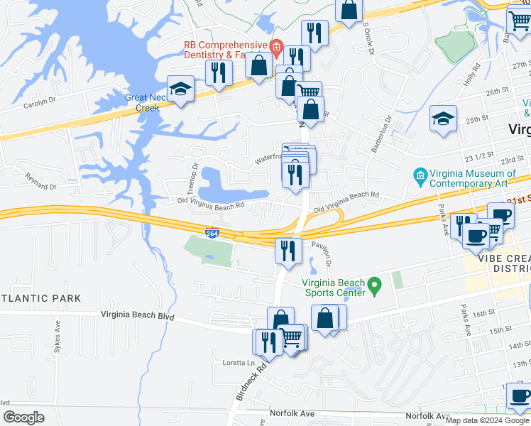 map of restaurants, bars, coffee shops, grocery stores, and more near 1125 Old Virginia Beach Road in Virginia Beach