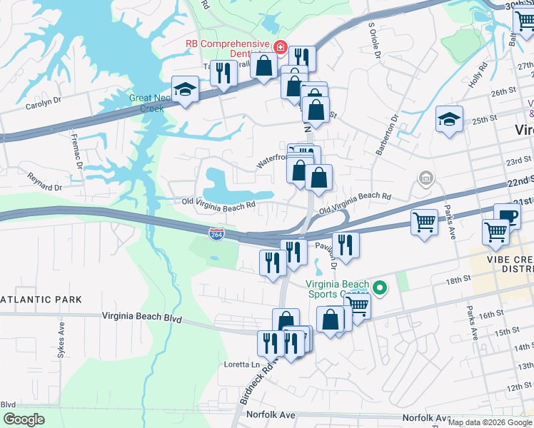 map of restaurants, bars, coffee shops, grocery stores, and more near 1145 Old Virginia Beach Road in Virginia Beach