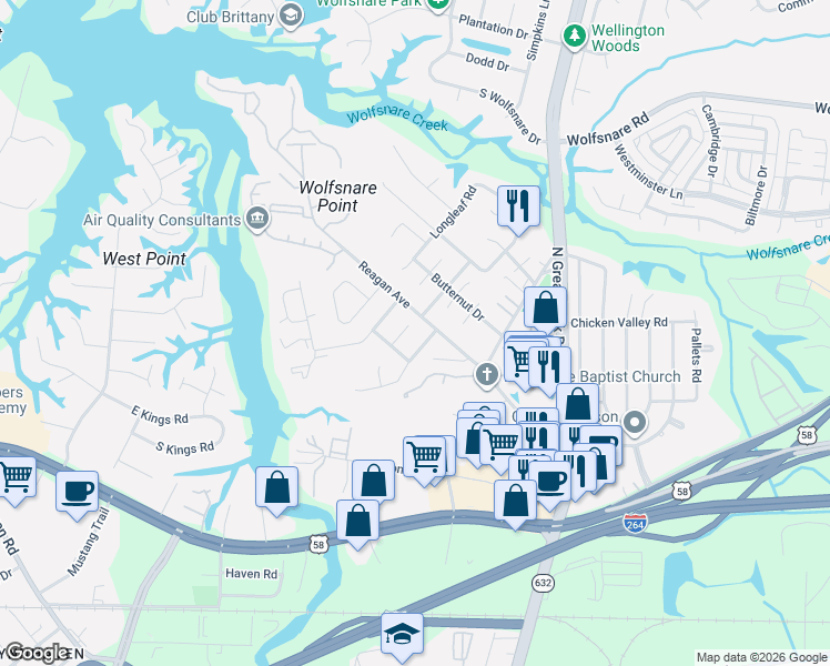 map of restaurants, bars, coffee shops, grocery stores, and more near 410 Rennie Court in Virginia Beach