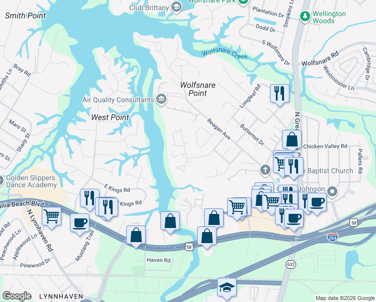 map of restaurants, bars, coffee shops, grocery stores, and more near 2502 Back Acres Road in Virginia Beach