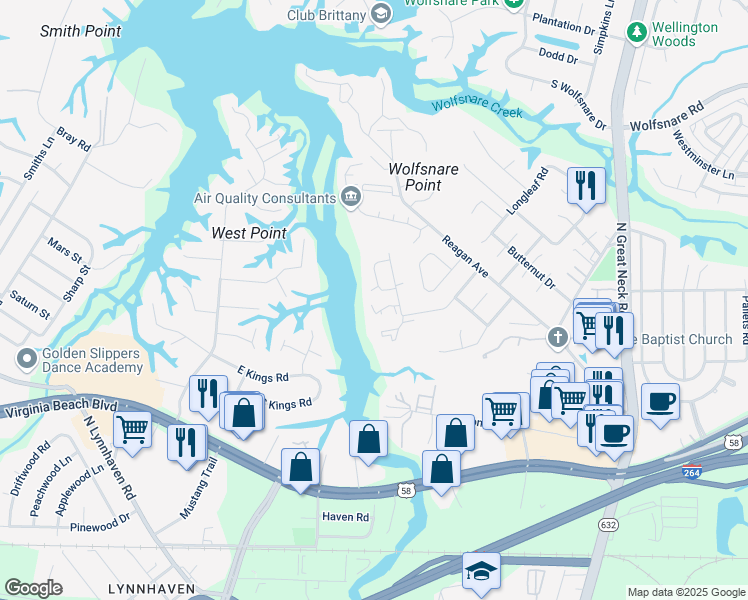 map of restaurants, bars, coffee shops, grocery stores, and more near 509 Benlea Court in Virginia Beach