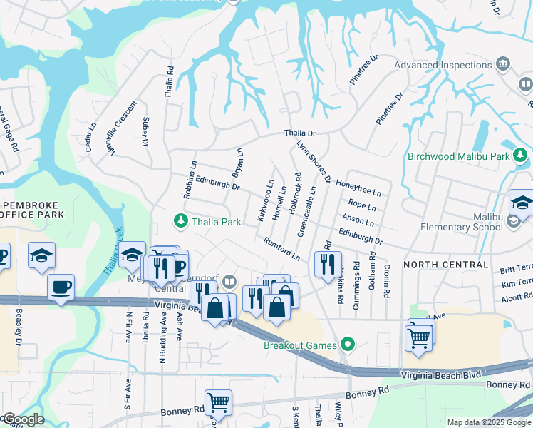 map of restaurants, bars, coffee shops, grocery stores, and more near 457 Kirkwood Lane in Virginia Beach