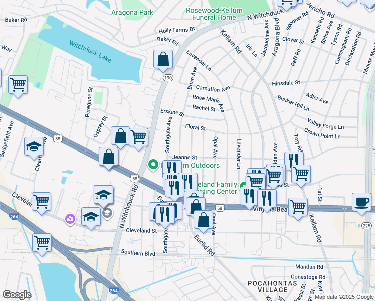 map of restaurants, bars, coffee shops, grocery stores, and more near 405 Dorset Avenue in Virginia Beach