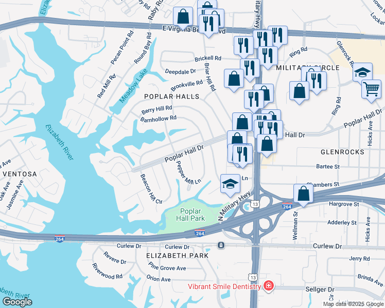 map of restaurants, bars, coffee shops, grocery stores, and more near 5527 Poplar Hall Drive in Norfolk
