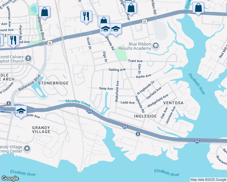 map of restaurants, bars, coffee shops, grocery stores, and more near 3545 Seay Avenue in Norfolk
