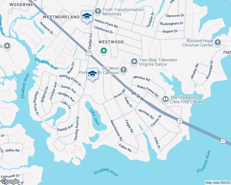 map of restaurants, bars, coffee shops, grocery stores, and more near 3000 Acres Road in Portsmouth