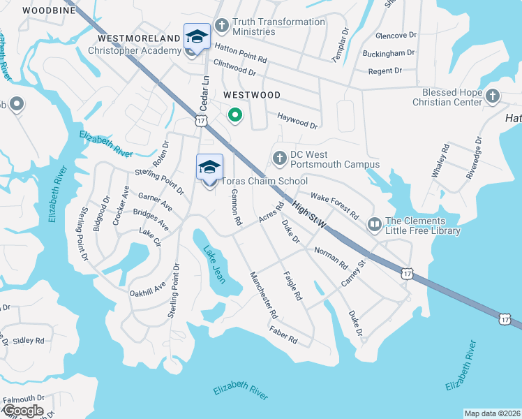 map of restaurants, bars, coffee shops, grocery stores, and more near 3000 Acres Road in Portsmouth