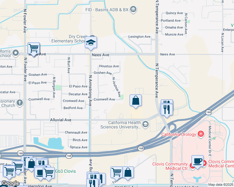 map of restaurants, bars, coffee shops, grocery stores, and more near 956 North Joshua Avenue in Clovis