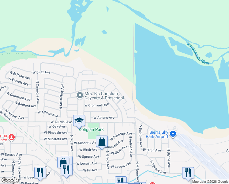 map of restaurants, bars, coffee shops, grocery stores, and more near 7730 North Gilroy Avenue in Fresno