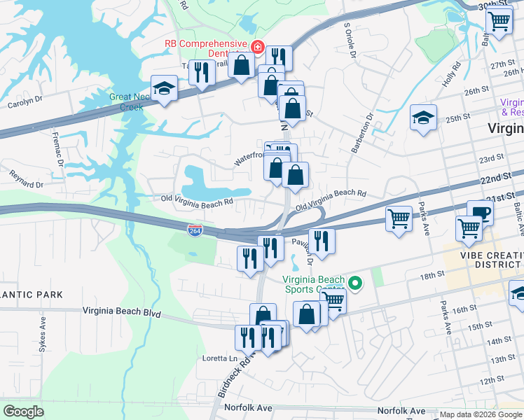 map of restaurants, bars, coffee shops, grocery stores, and more near 1125 Old Virginia Beach Road in Virginia Beach