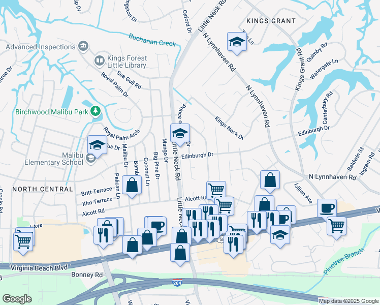map of restaurants, bars, coffee shops, grocery stores, and more near 28616 Prince of Wales Drive in Virginia Beach