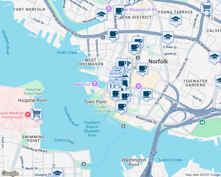 map of restaurants, bars, coffee shops, grocery stores, and more near 130 West Plume Street in Norfolk