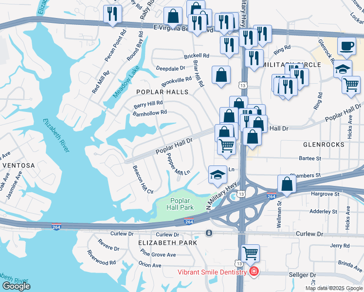 map of restaurants, bars, coffee shops, grocery stores, and more near 5527 Poplar Hall Drive in Norfolk
