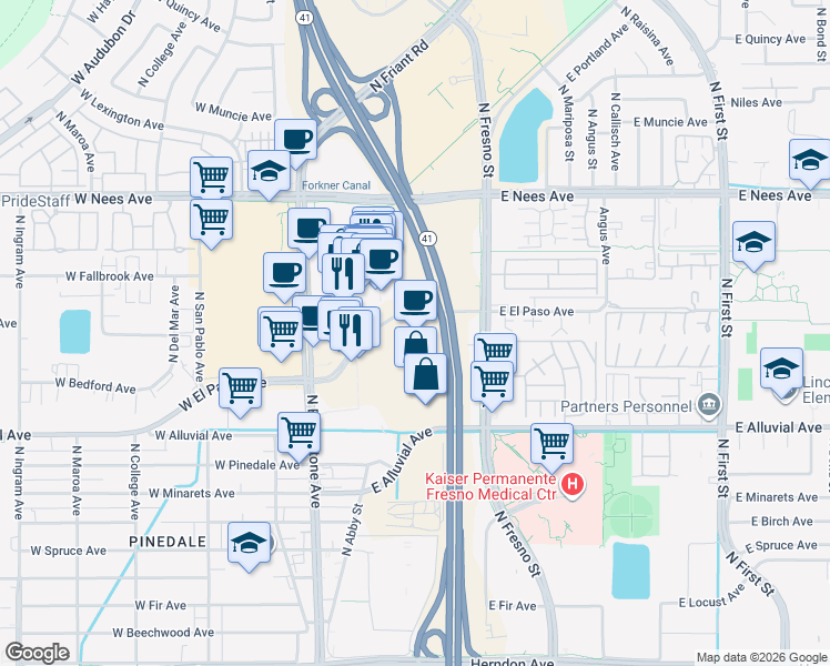 map of restaurants, bars, coffee shops, grocery stores, and more near 7600 North Blackstone Avenue in Fresno