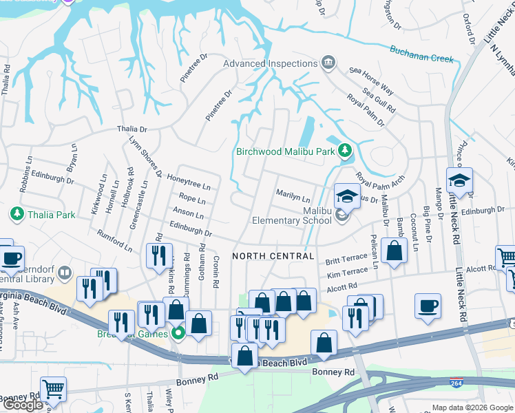 map of restaurants, bars, coffee shops, grocery stores, and more near 528 Caren Drive in Virginia Beach